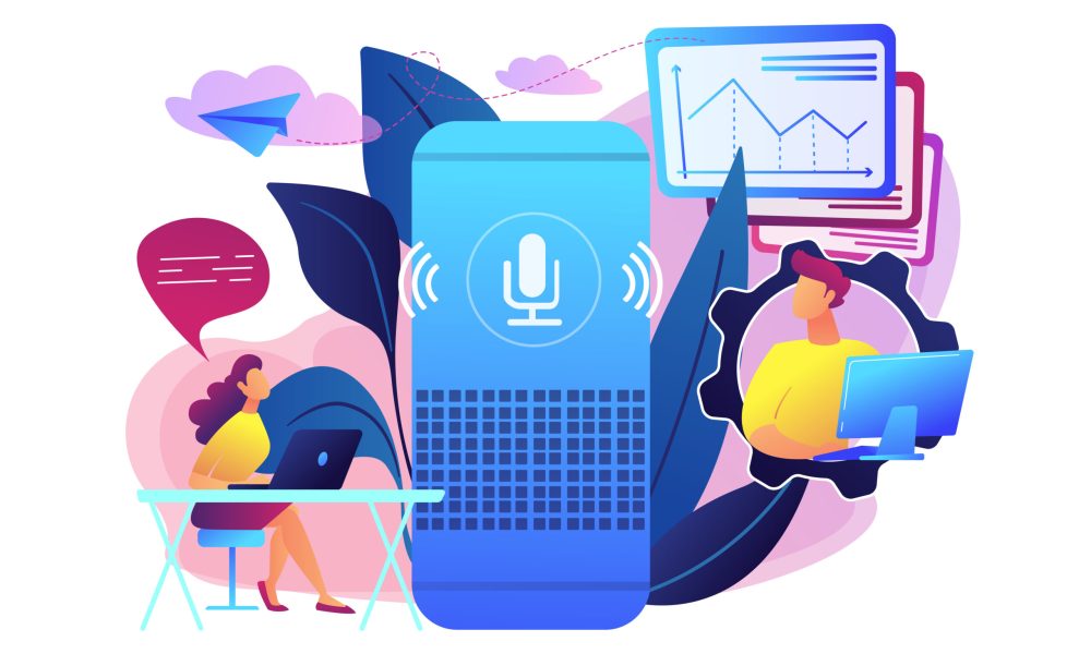 Smart speaker used by office workers. Smart office controller and voice commands, voice controlled office digital devices and Internet of things concept, violet palette. Vector isolated illustration